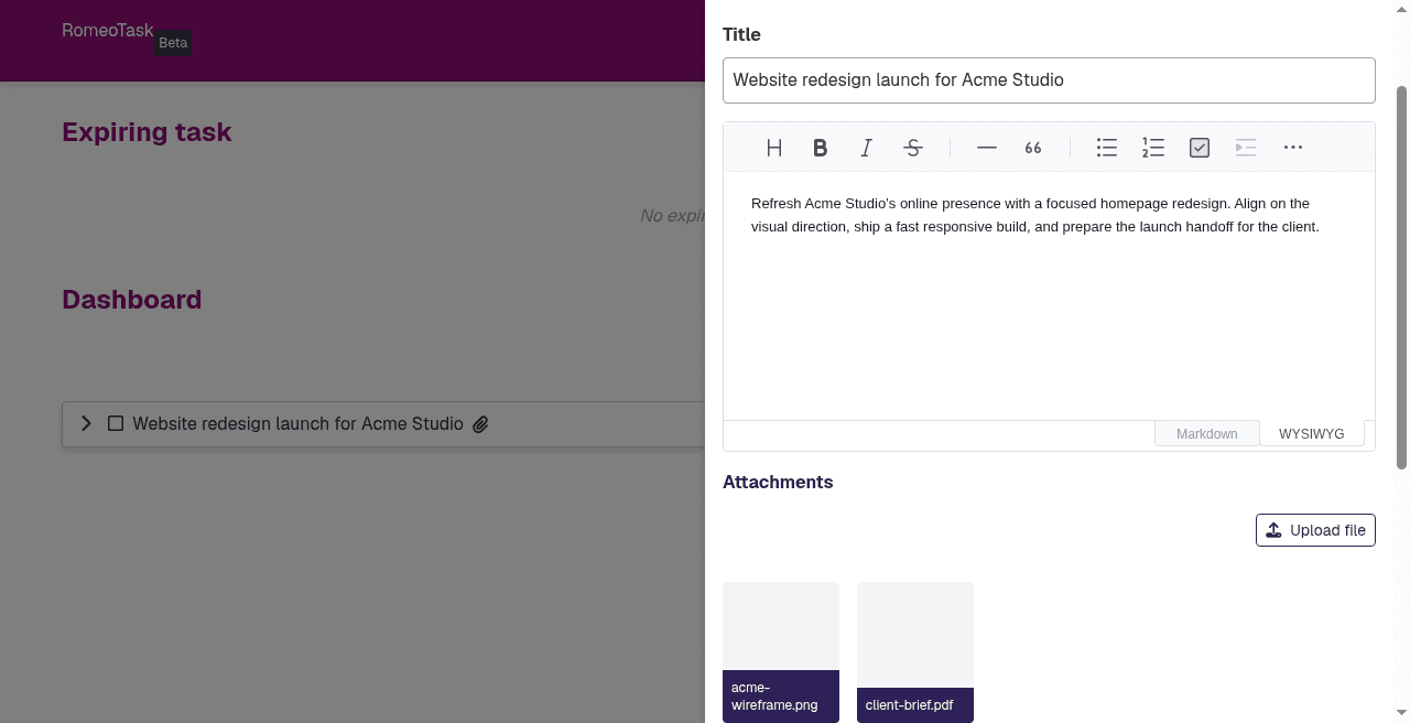 Files attached directly to a RomeoTask