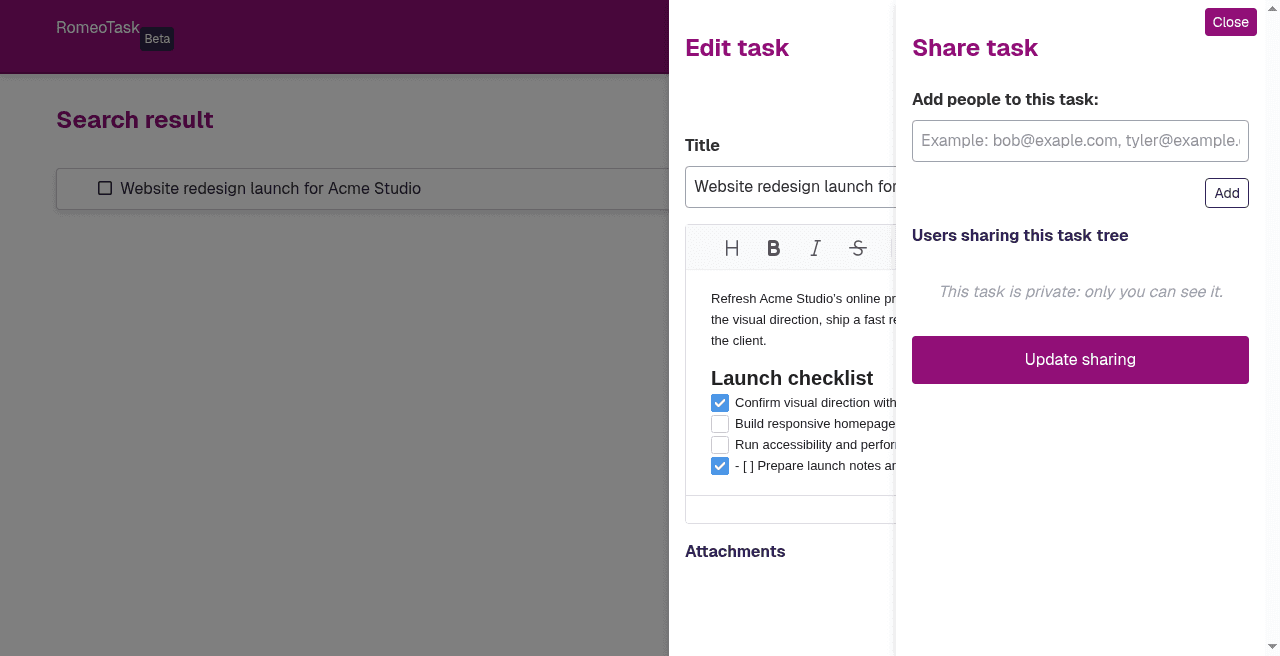 Sharing a RomeoTask with teammates by email