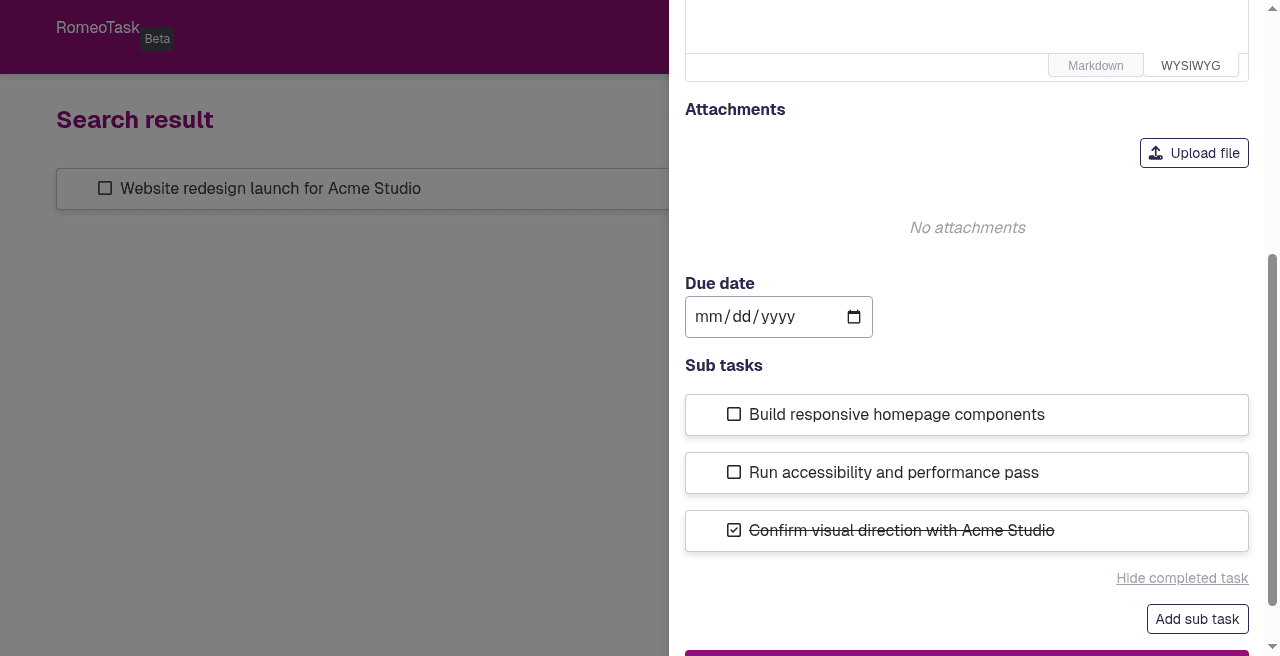 RomeoTask task with subtasks for a website redesign launch